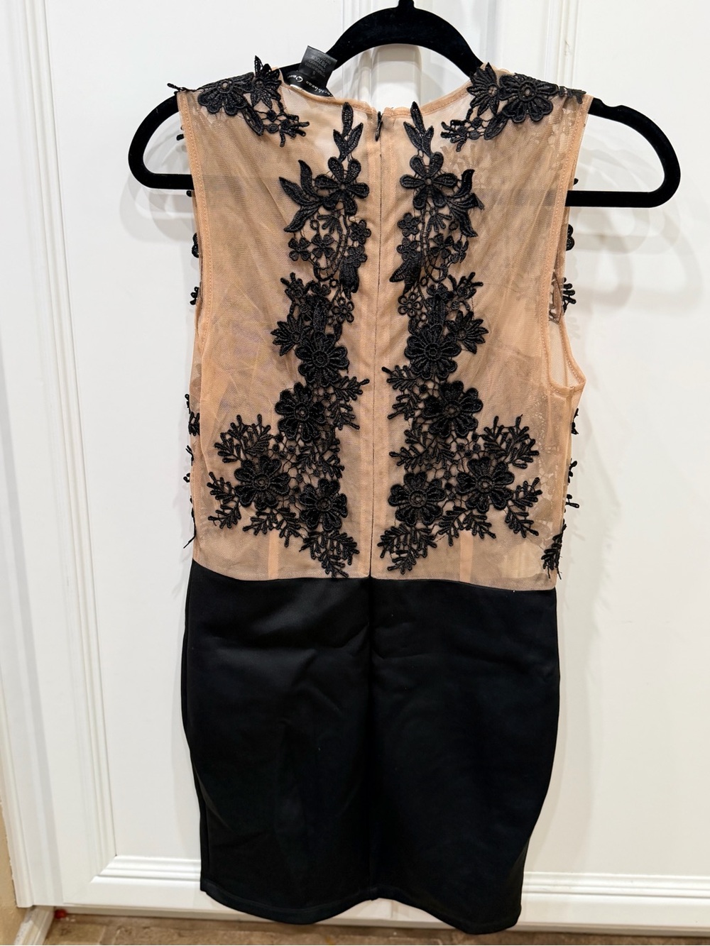 Caribbean Queen Black Floral Lace Appliqué Mini Dress with Nude Bodice - Picture 4 of 5